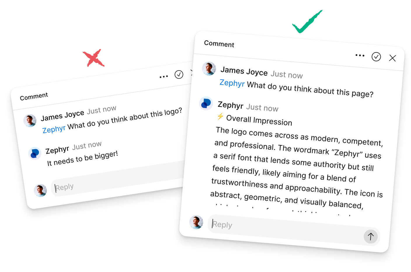 Zephyr providing detailed, structured design critique in Figma