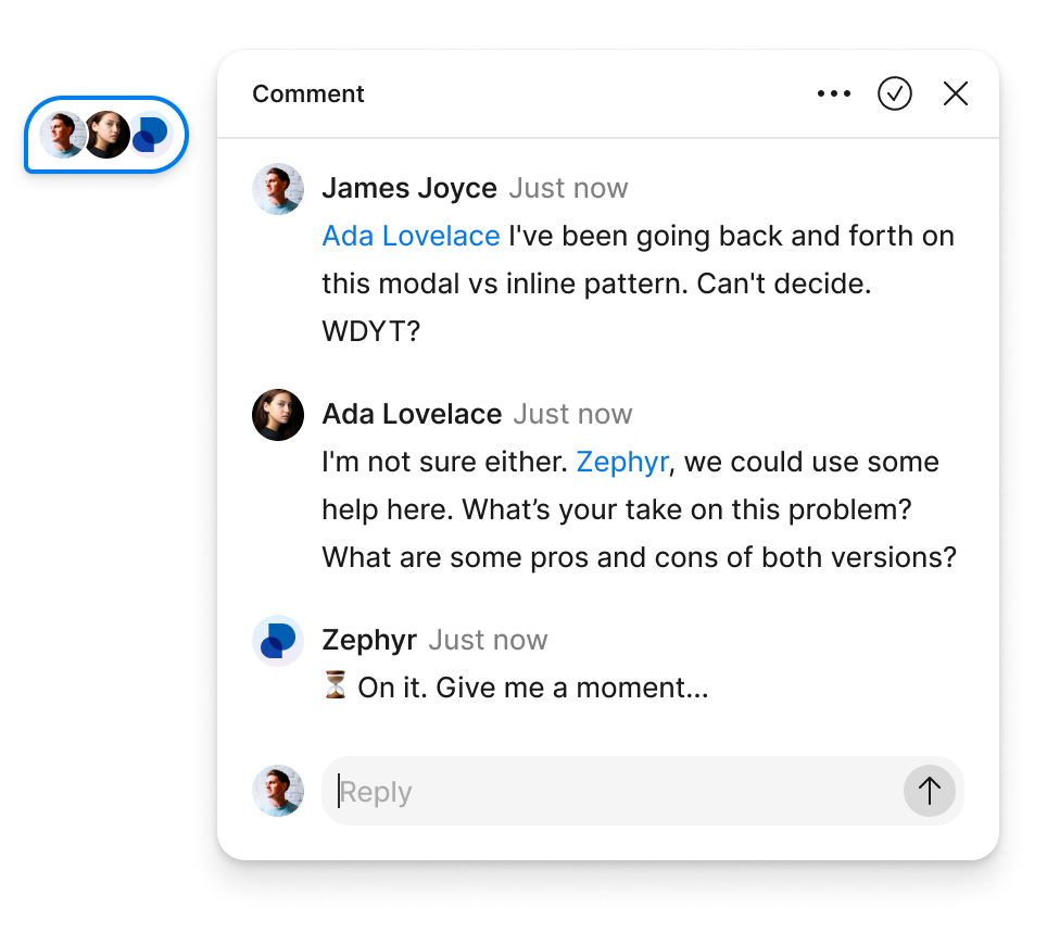 A team conversation in Figma with Zephyr joining the discussion